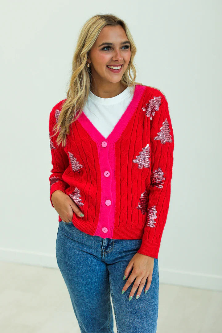 Tree Sequins Cardigan- RED