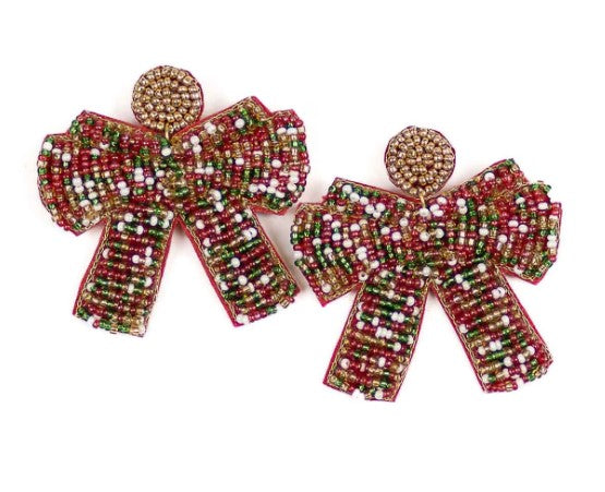Christmas Bow Beaded Earrings