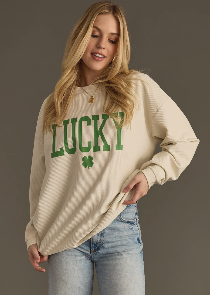Lucky One- Beige Ribbed Sweatshirt
