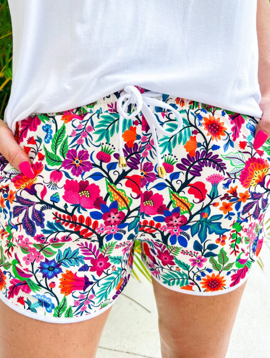 Fiesta Time Floral Drawstring Everyday Shorts, White