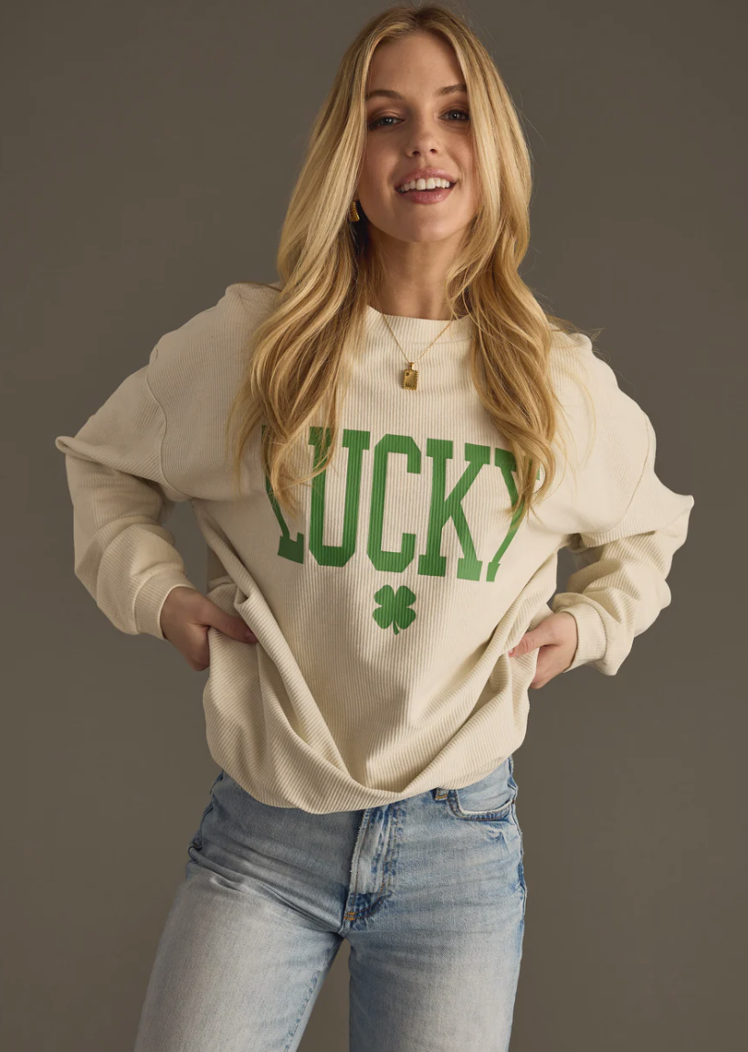 Lucky One- Beige Ribbed Sweatshirt