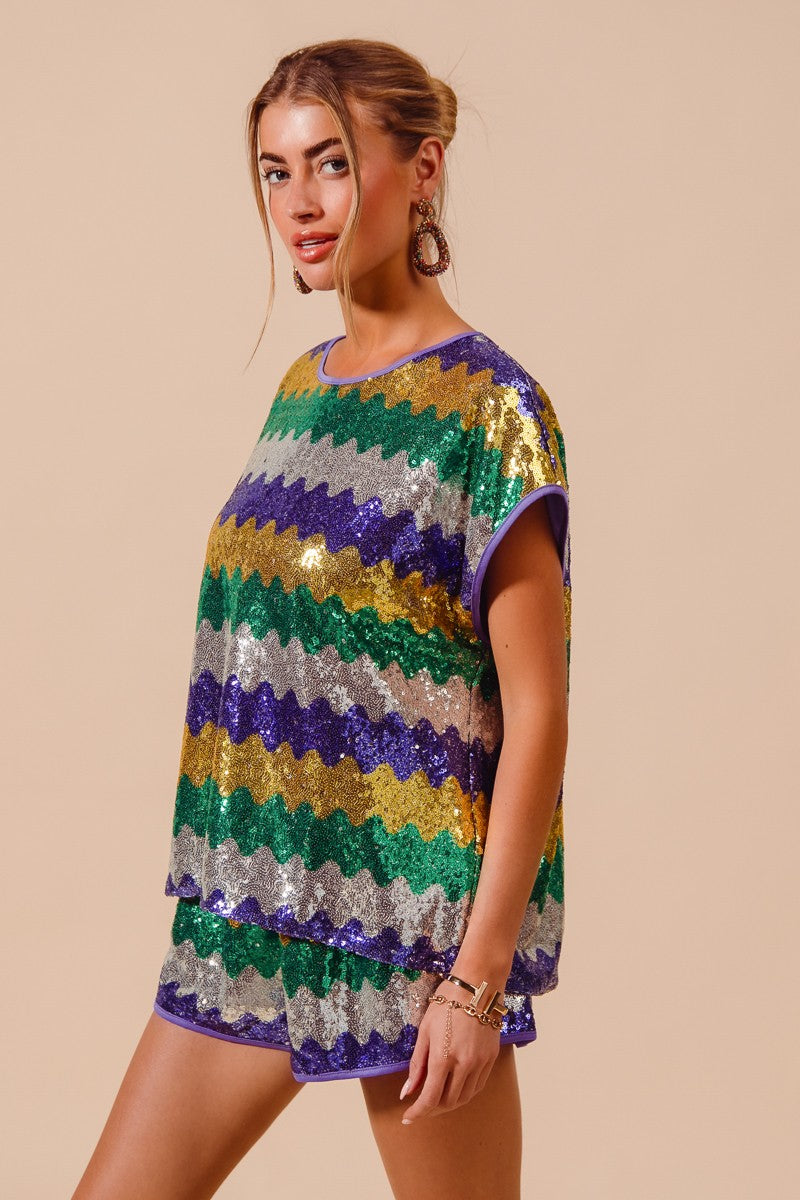 MARDI GRAS WAVY SEQUINS DOLMAN TOP