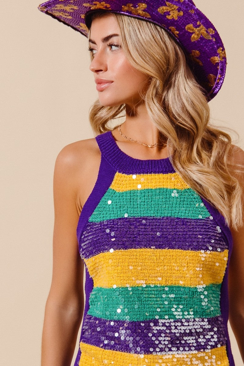 MARDI GRAS COLOR WIDE STRIPE CLEAR SEQUINS TANK TOP