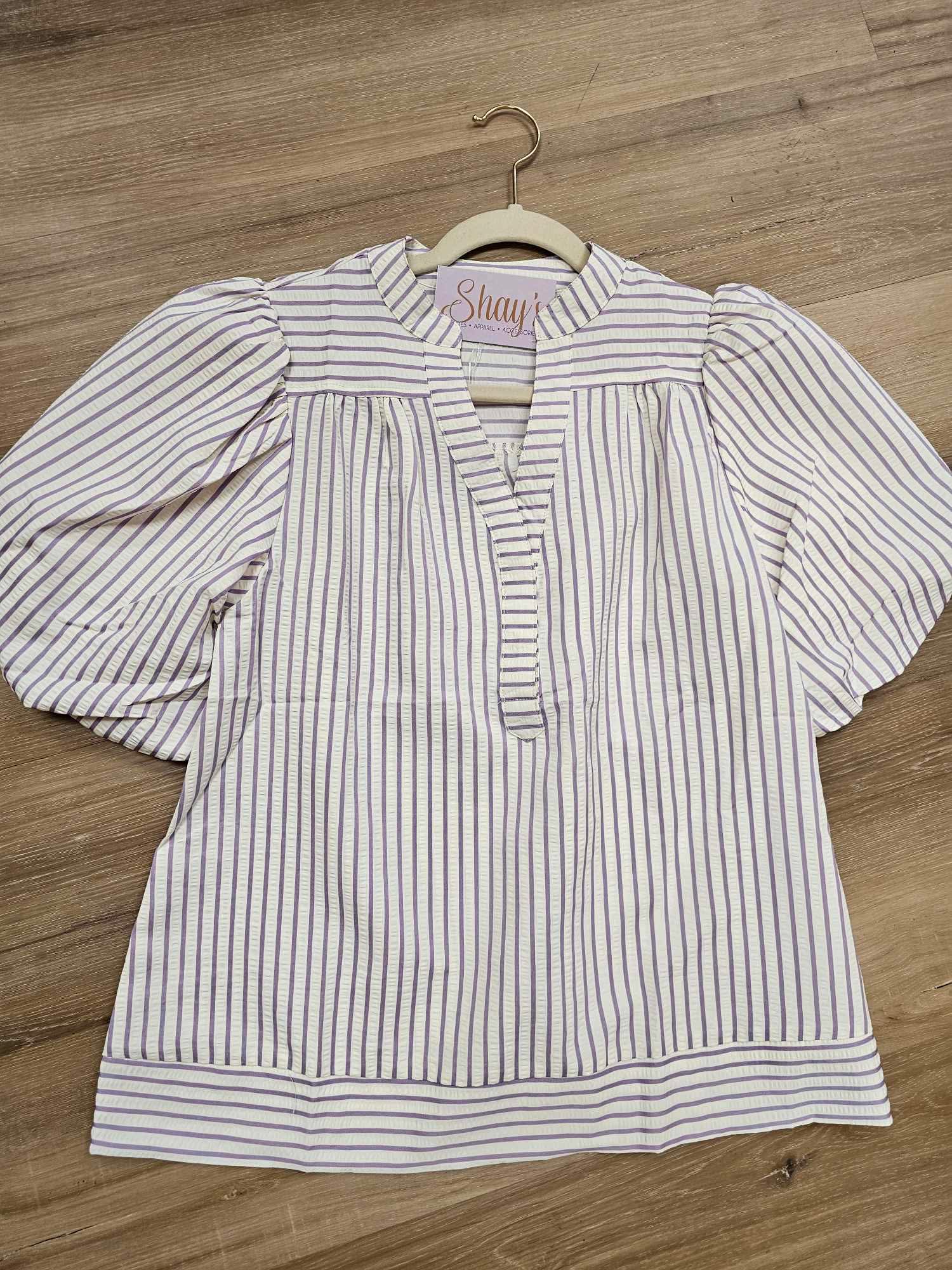 Della- Bubble Sleeve Striped Woven Top