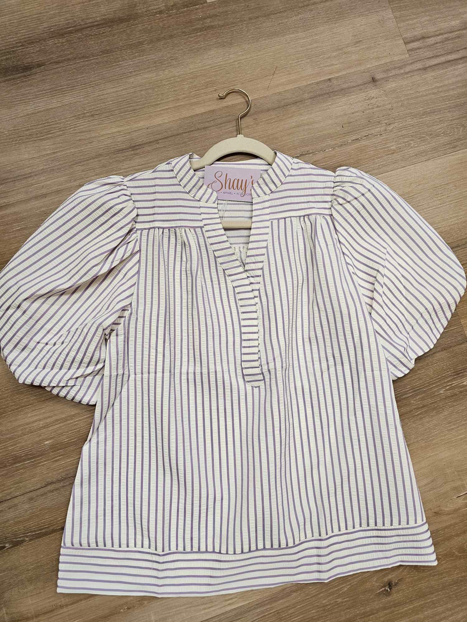 Della- Bubble Sleeve Striped Woven Top