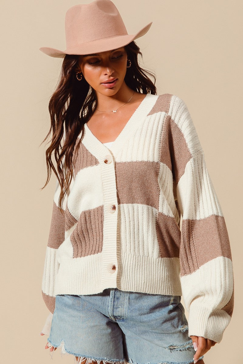 Monica- Checkered Button Front Textured Sweater Cardigan