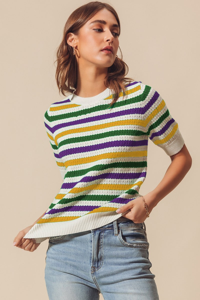 MARDI GRAS CREW NECK STRIPE BREATHABLE SWEATER TOP