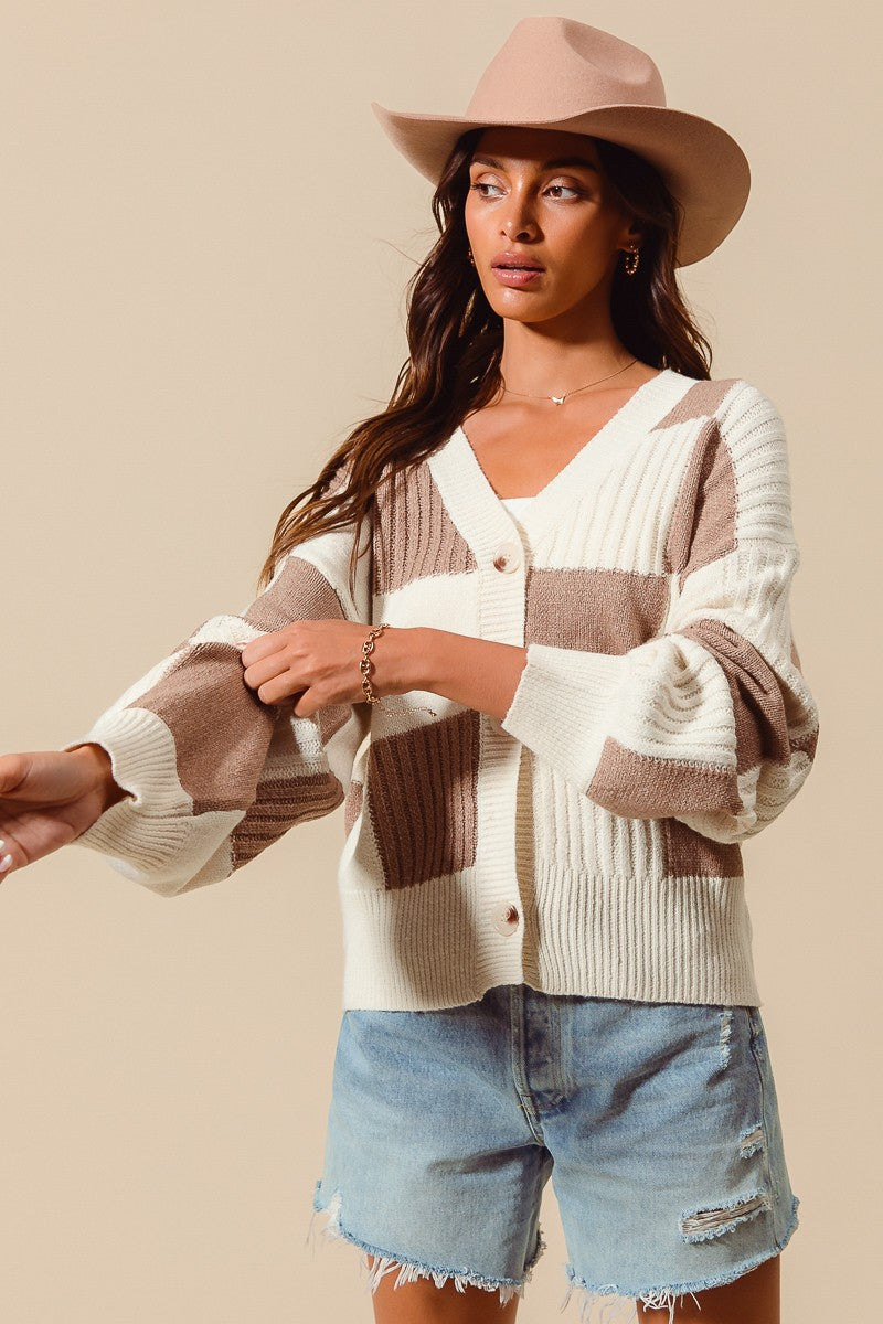 Monica- Checkered Button Front Textured Sweater Cardigan
