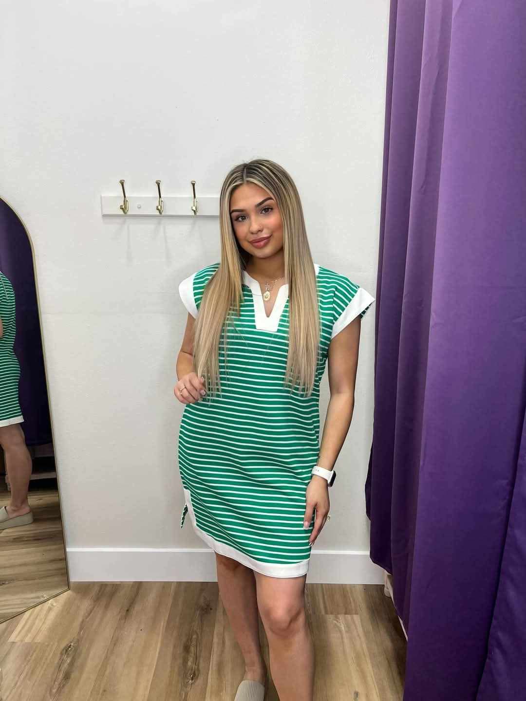 Marsha- Kelly/White Striped Dress with pockets