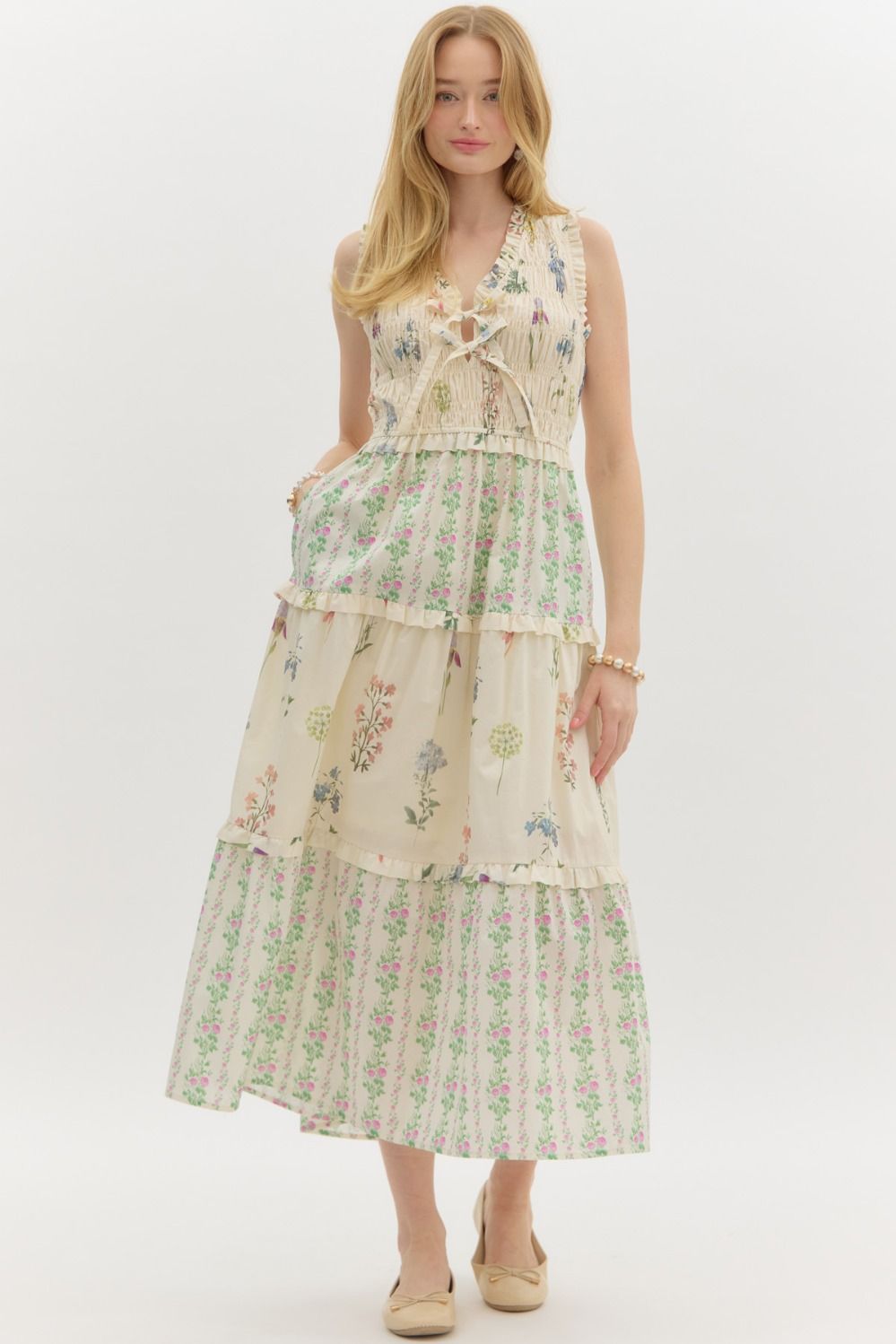 Dainty- Multi floral print ruffle midi dress