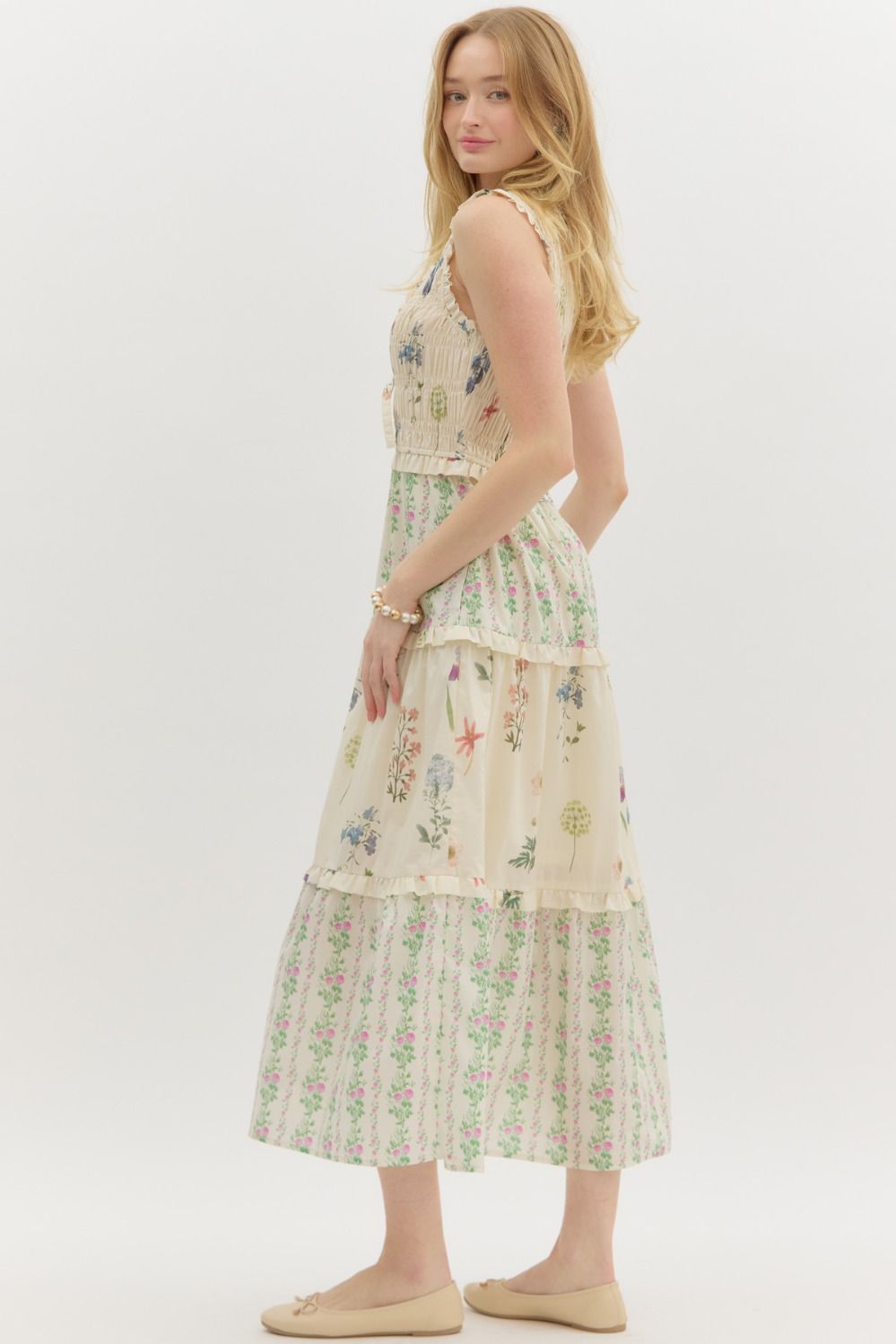 Dainty- Multi floral print ruffle midi dress