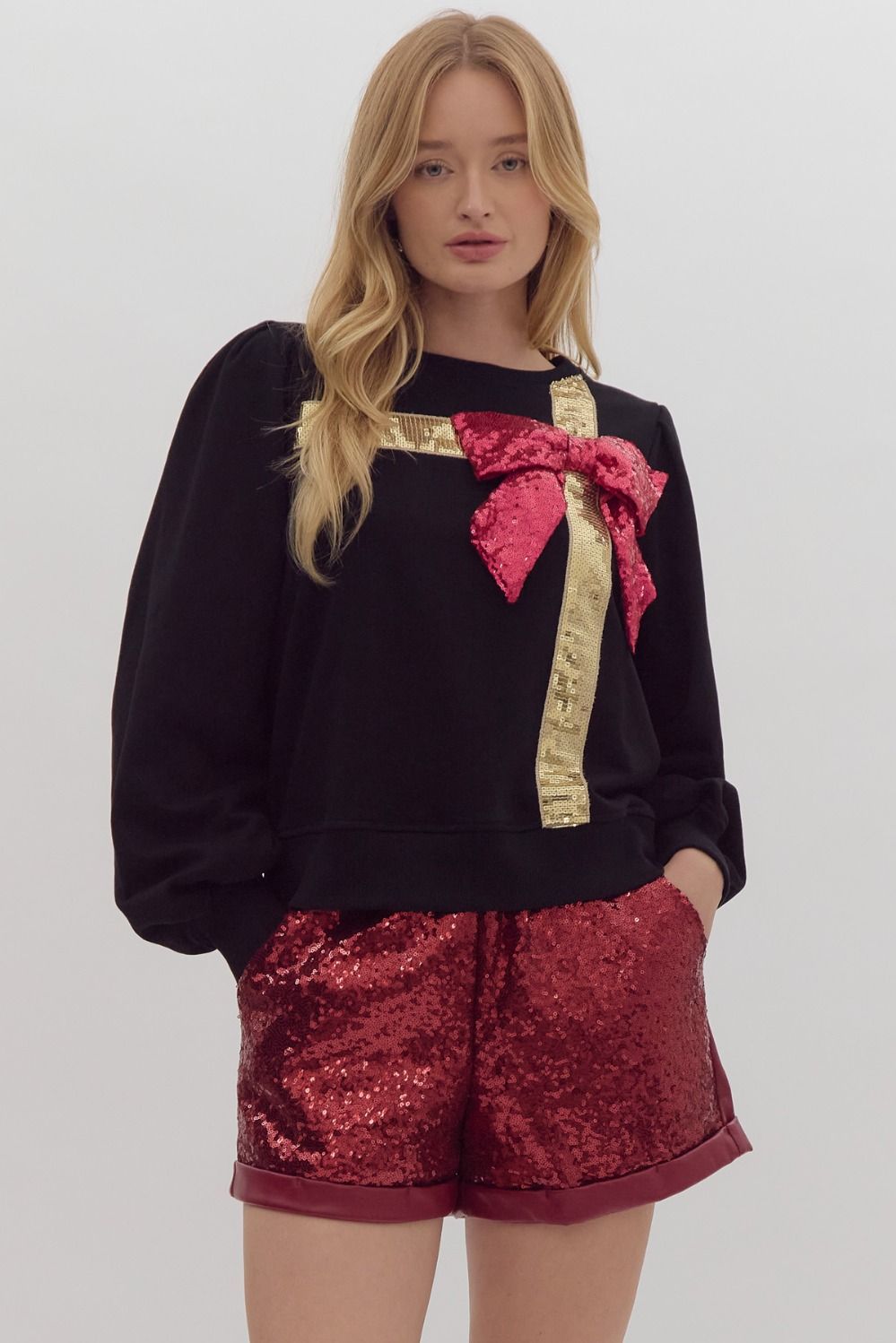 Wrapped with a bow- Sequin RIbbon Top with 3D Sequin Bow