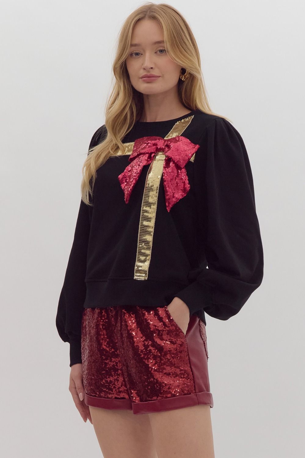 Wrapped with a bow- Sequin RIbbon Top with 3D Sequin Bow