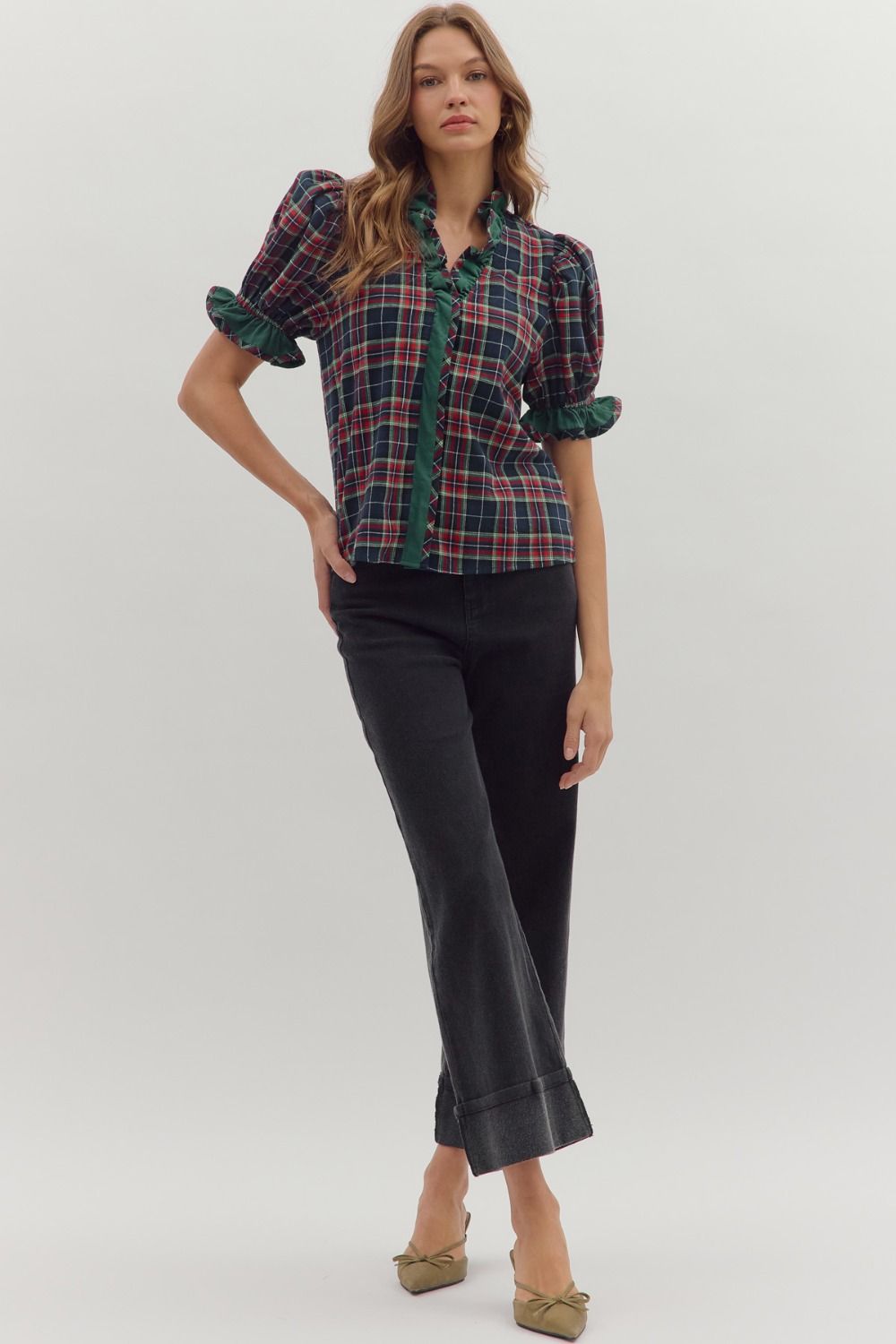 Plaid Perfect- Ruffle Trim Top