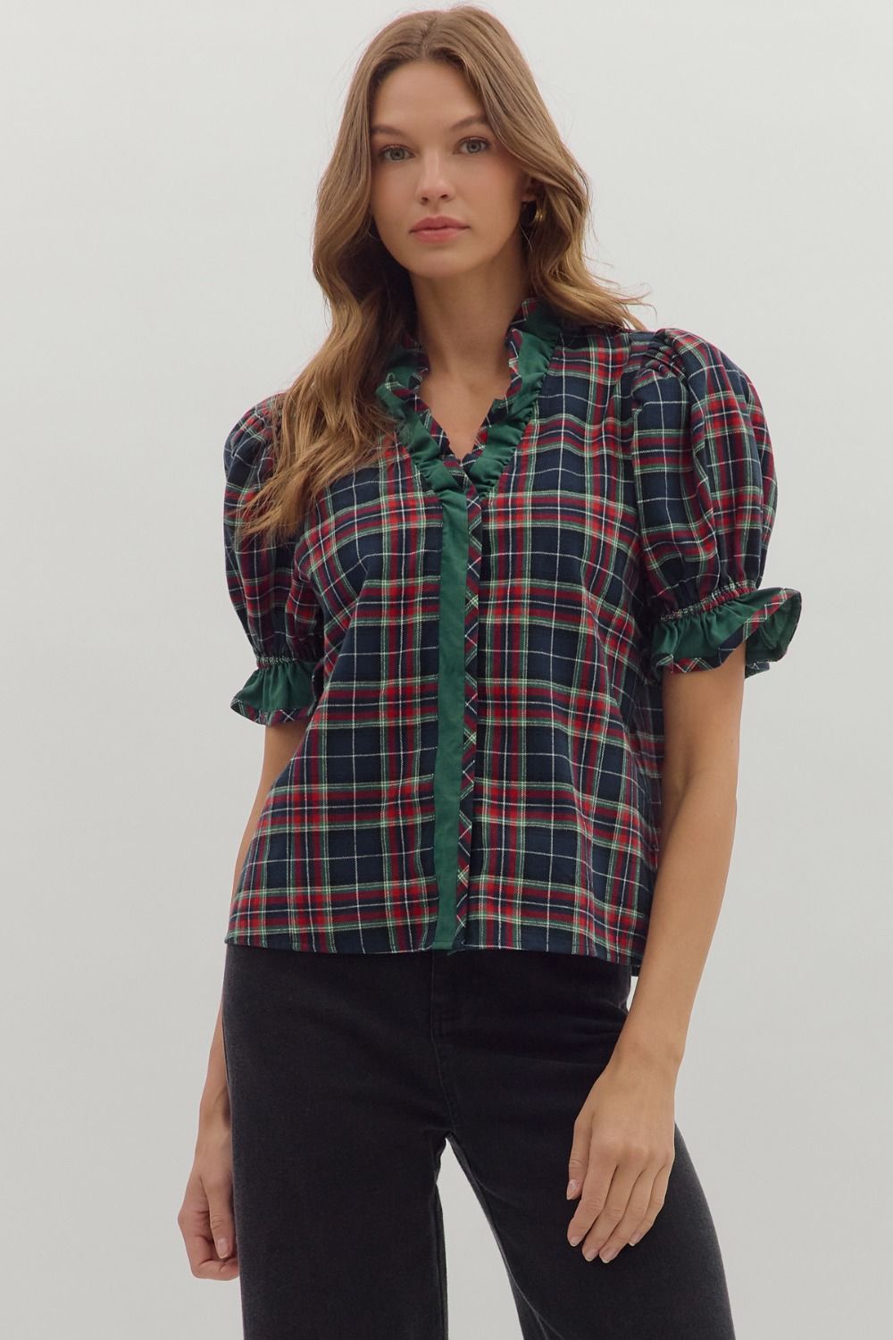 Plaid Perfect- Ruffle Trim Top